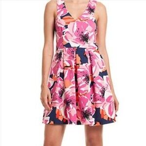 Trina Turk Marcia Fit and Flare Dress Size 8 Floral Pockets Colorful Girly